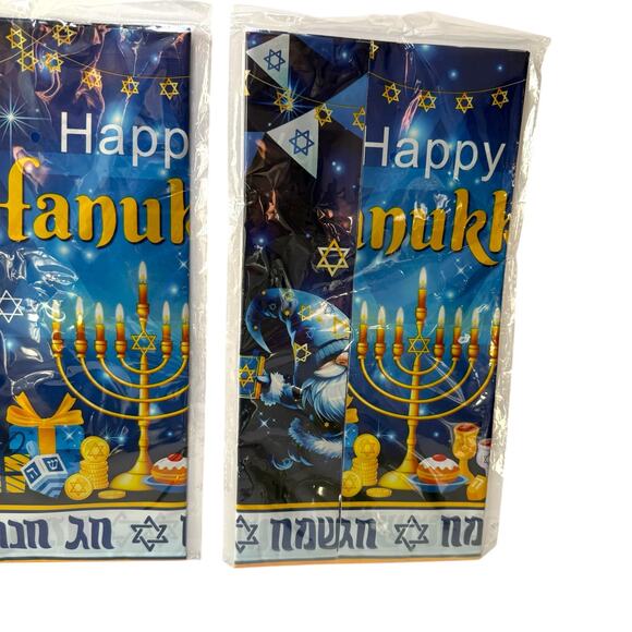 Set of 3 Hanukkah Tablecloths Blue Menorah & Star of David Plastic Table Covers - Picture 5 of 7